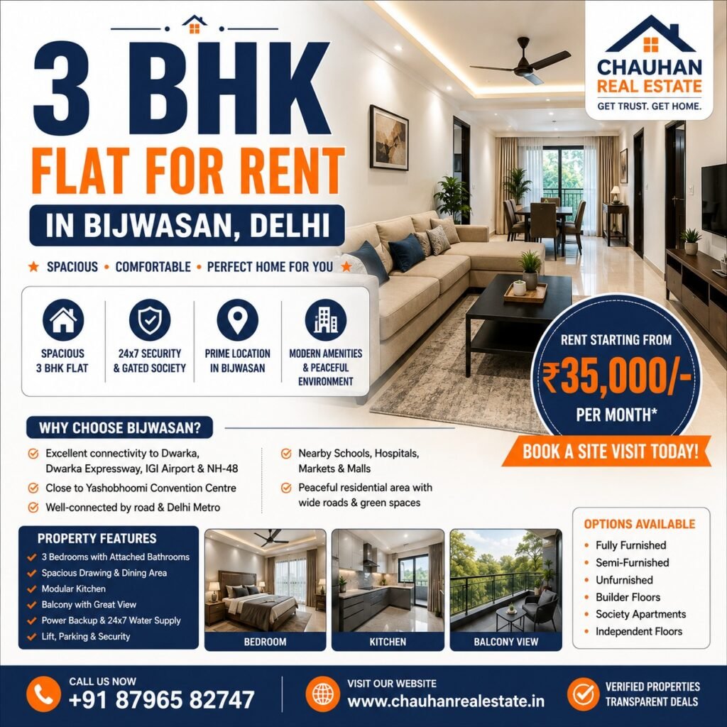 3 BHK flat for rent in Bijwasan Delhi